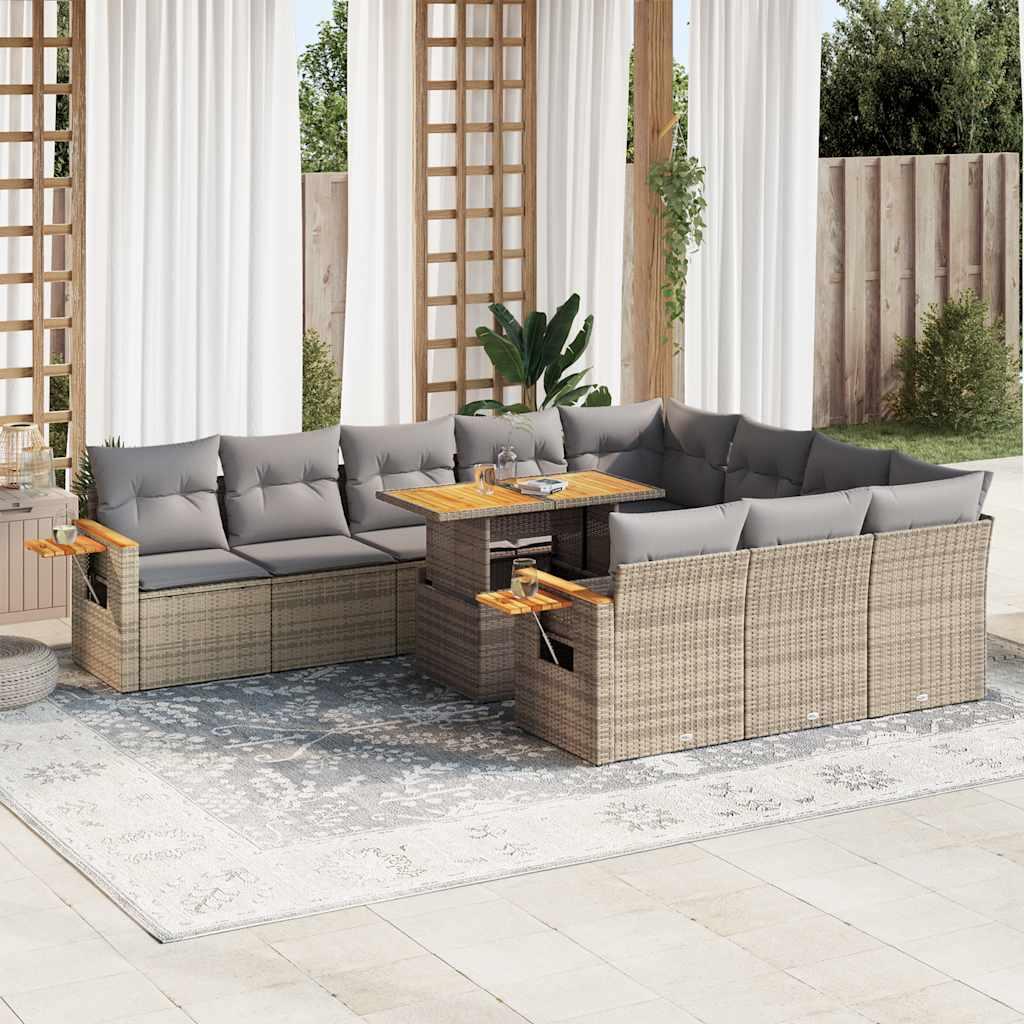 Havesofasæt i polyrattan med akacietræsbord - 11 dele, beige/lysegrå hynder