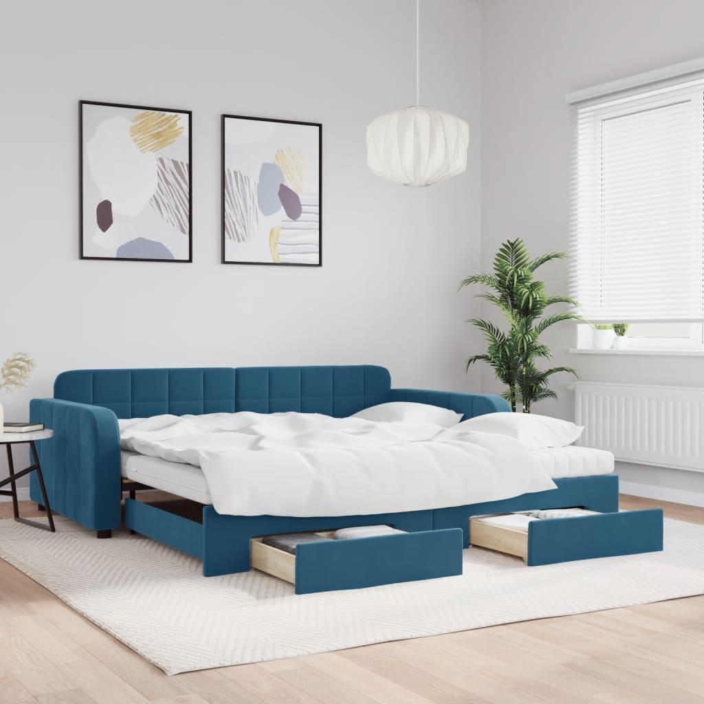 Daybed med udtræk og skuffer 100x200 cm velour blå billede