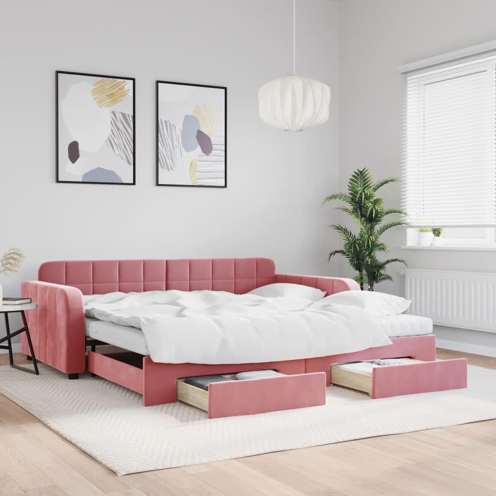 Daybed med udtræk og skuffer 100x200 cm velour lyserød