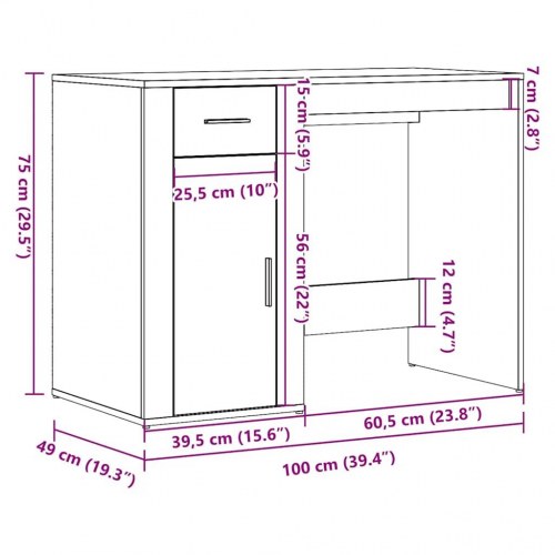 Skrivebord 100 × 49 × 75 cm i konstrueret træ - kunsteg, med skuffe og skab
