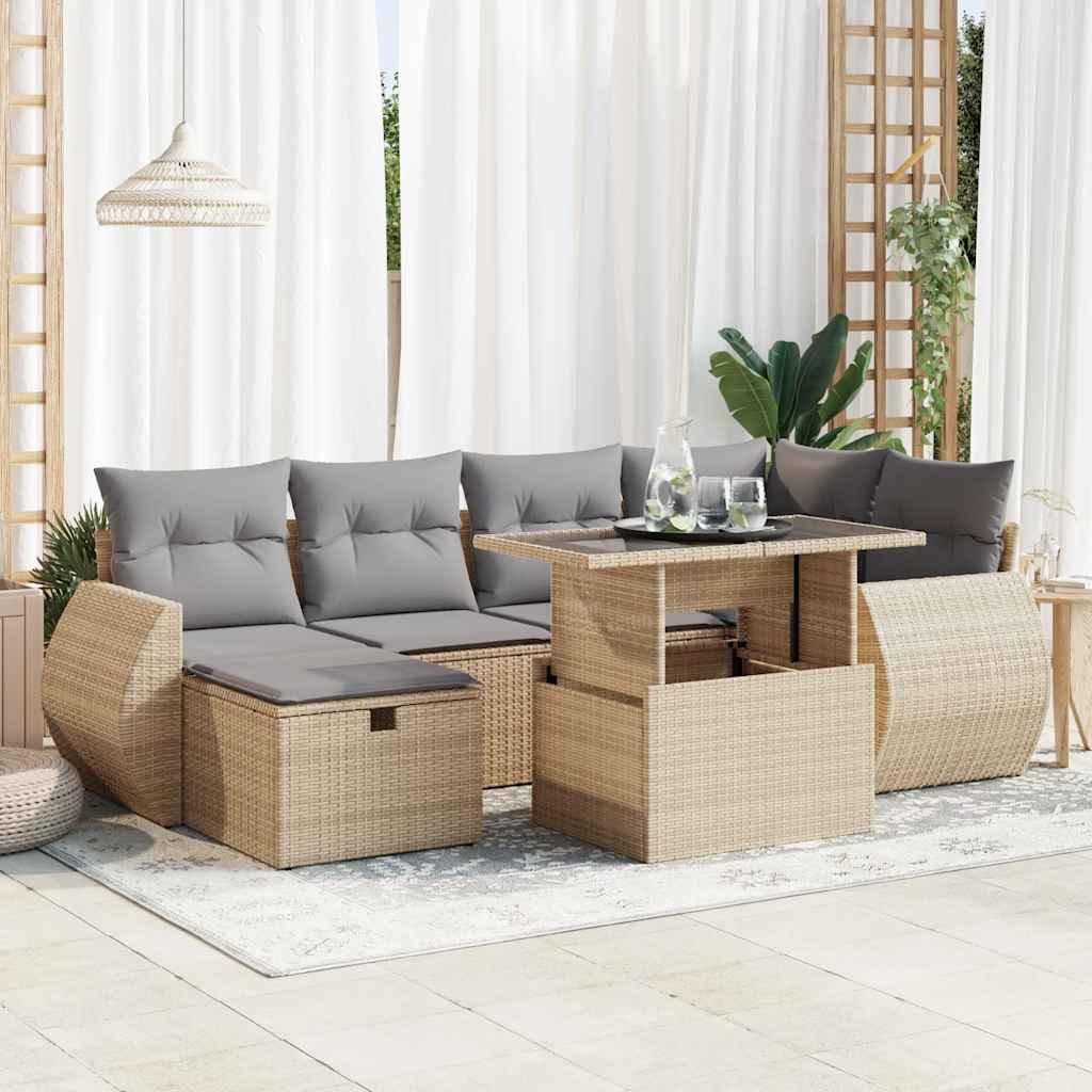Havesofasæt 7 dele i polyrattan med hynder og opbevaring - beige