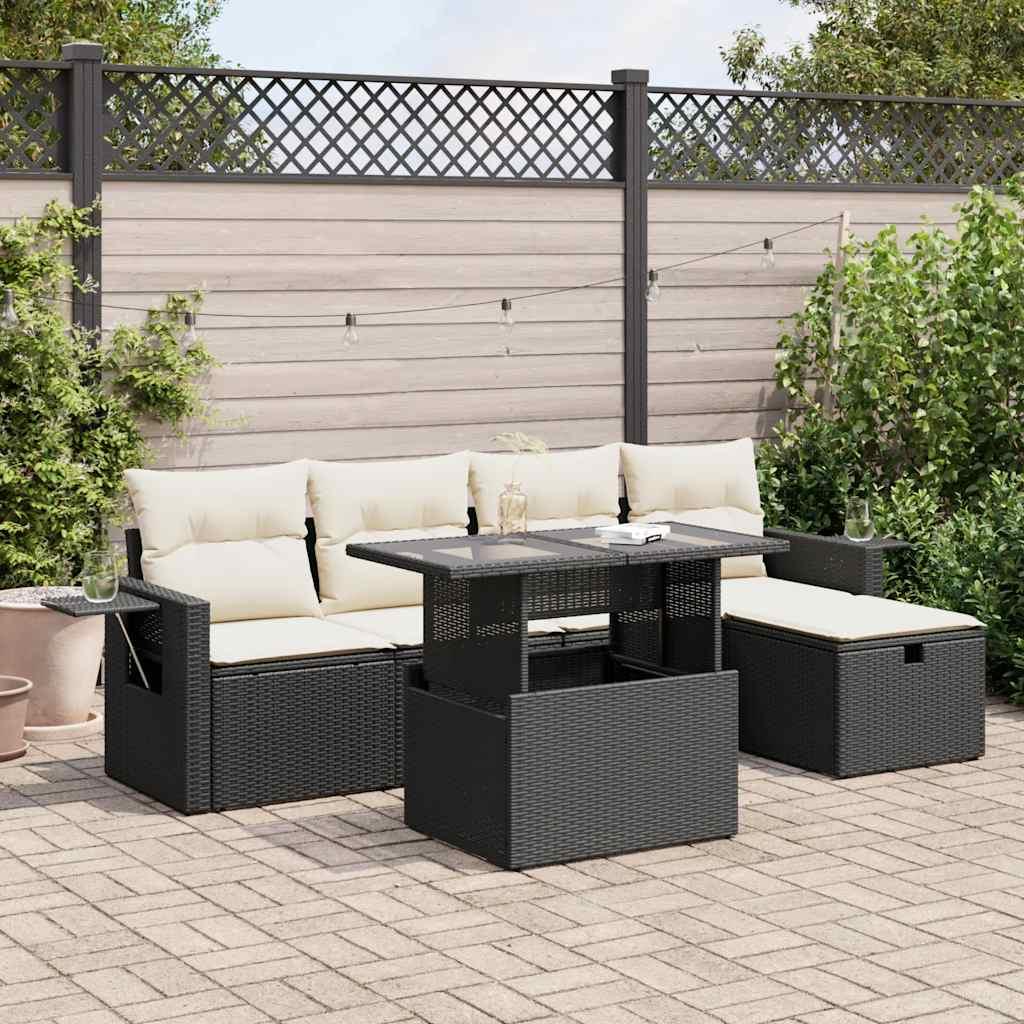 Havesofasæt i polyrattan - 6 dele med hynder, sort