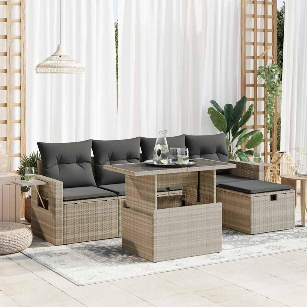 Havesofasæt 6 dele med hynder og opbevaring i polyrattan - lysegrå