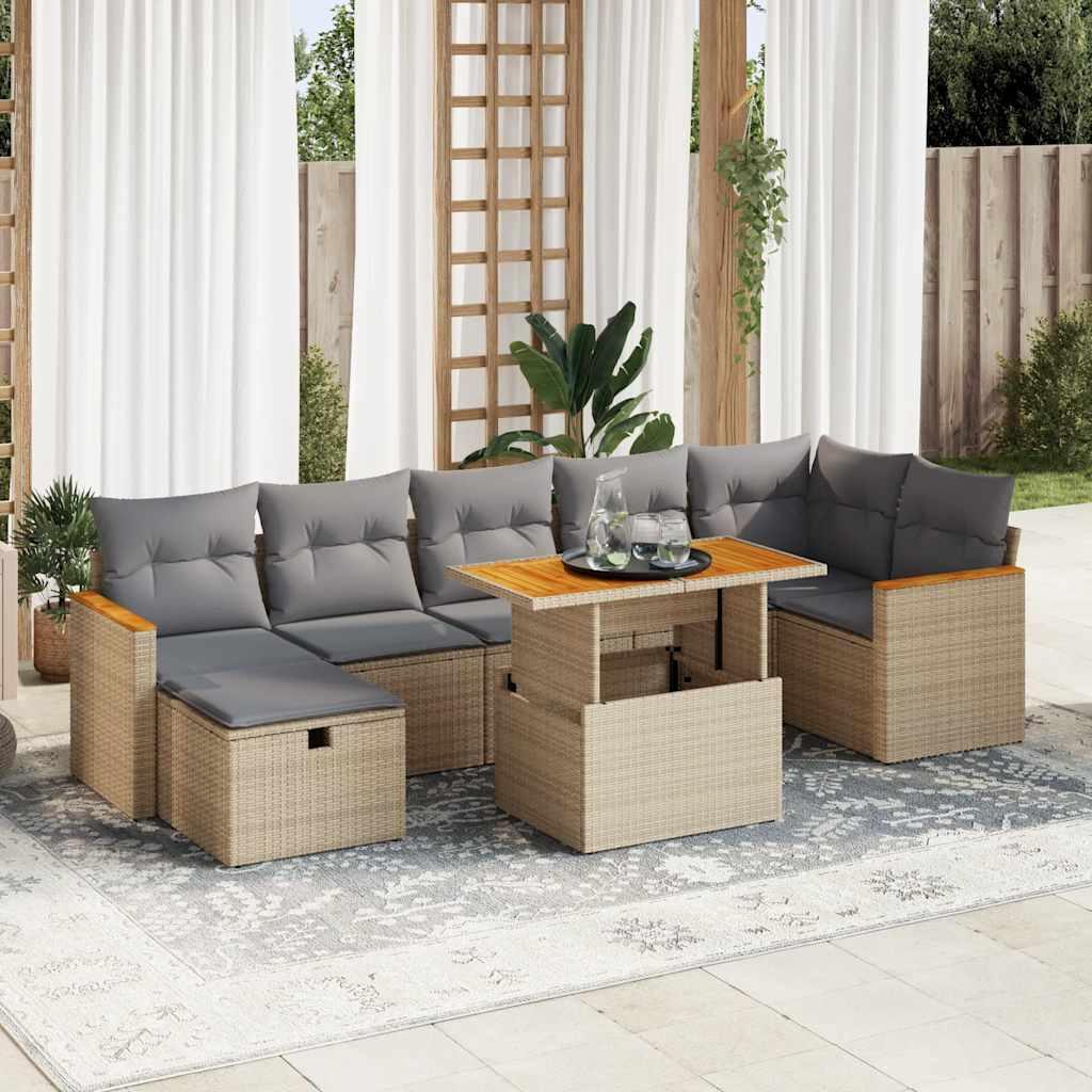 Havesofasæt i polyrattan 5 dele med hynder og hæve-sænke bord - beige