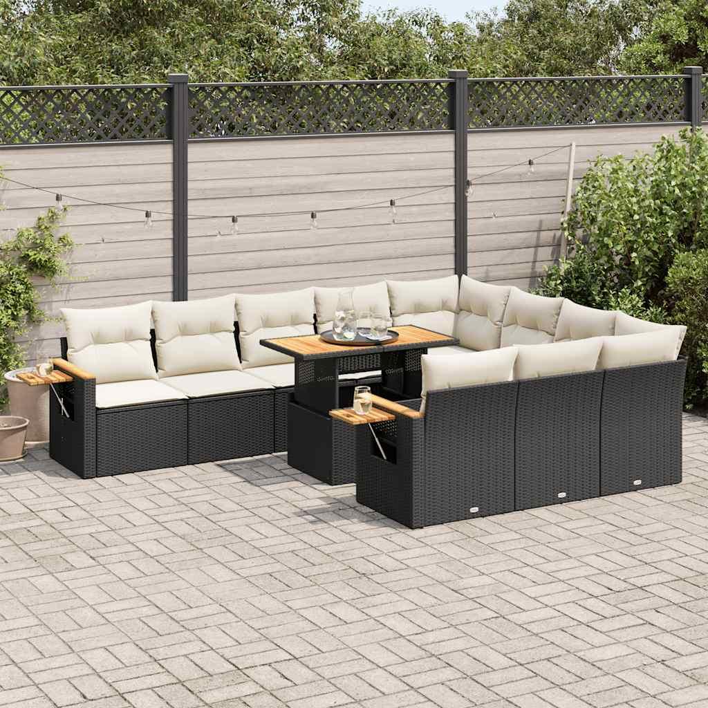 Sofasæt til haven i polyrattan med akacietræsbord - 11 dele, sort med hvide hynder