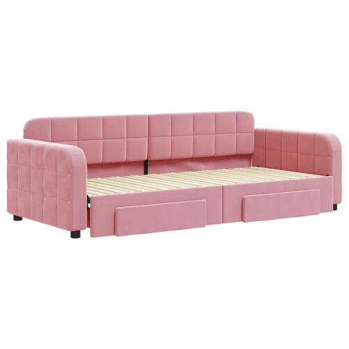 Daybed med udtræk og skuffer 90x200 cm velour lyserød