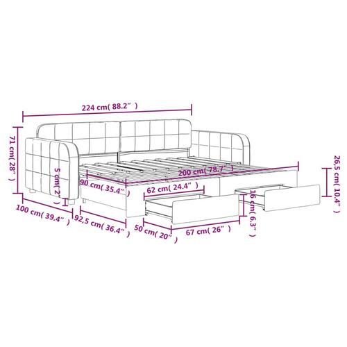 Daybed med udtræk og skuffer 90x200 cm velour lyserød