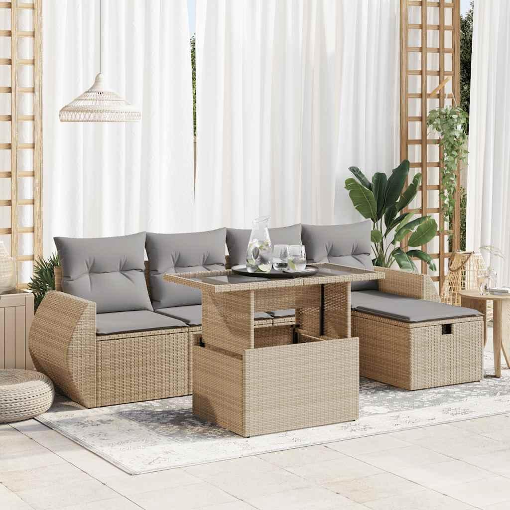 Havesofasæt 6 dele med hynder og opbevaring i polyrattan - beige
