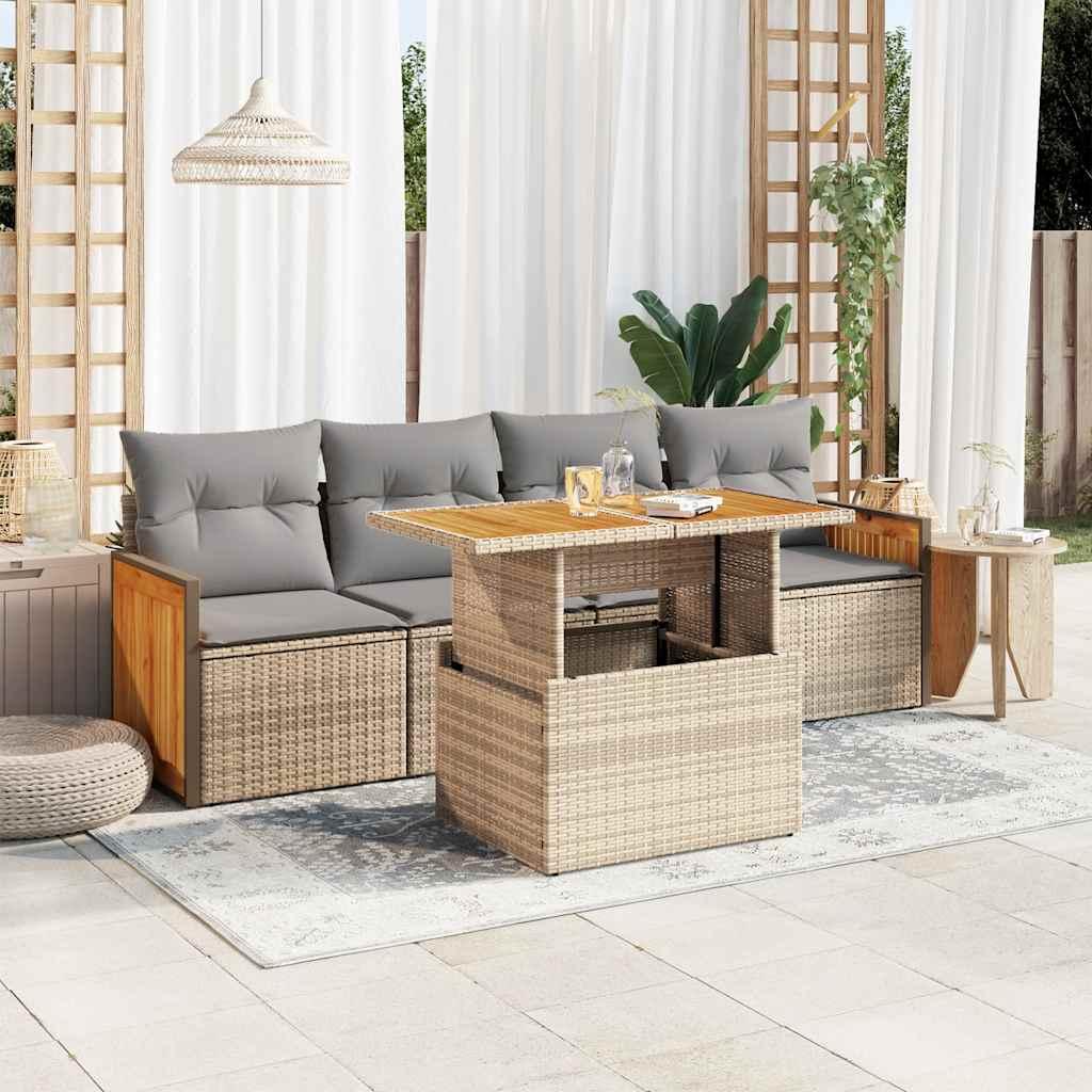 Sofasæt til haven 5 dele med hynder polyrattan og akacie beige