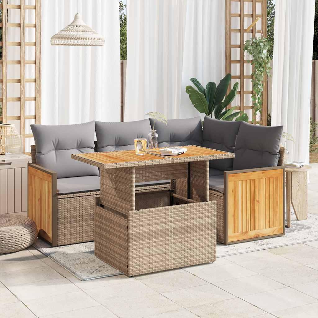 Sofasæt Til Haven 5 Dele Med Hynder Polyrattan - beige og grå / med opbevaring