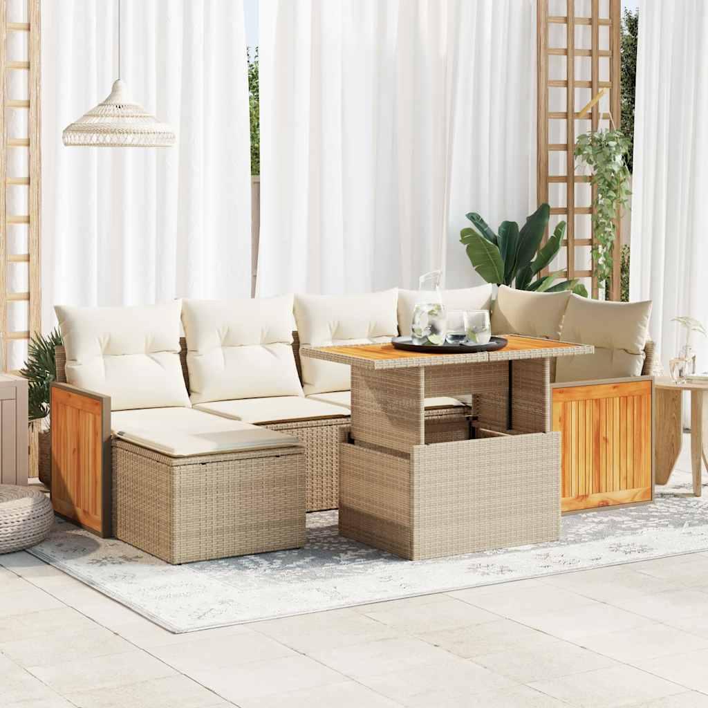 Sofasæt Til Haven 7 Dele Med Hynder Polyrattan Sort - 7 / beige og cremefarvet / med opbevaring