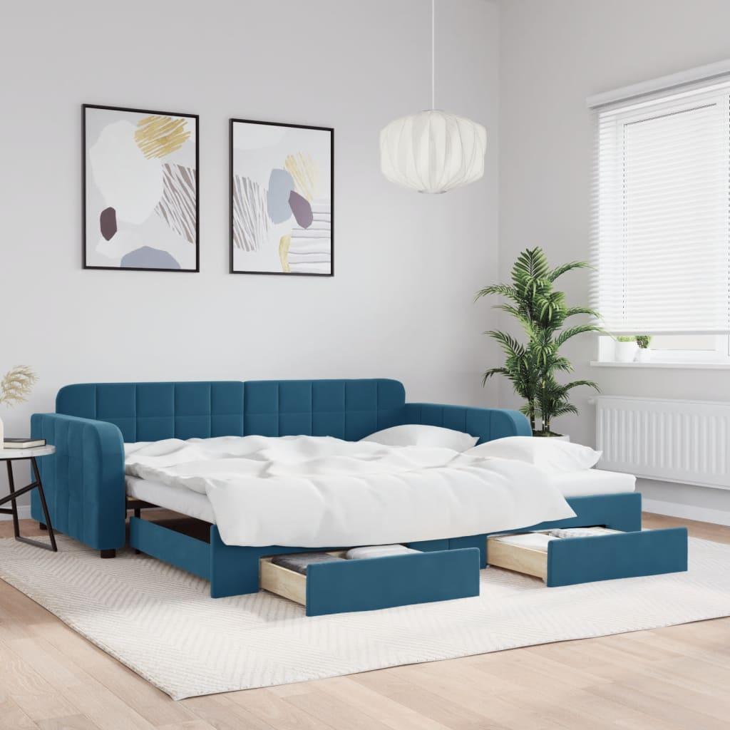 Daybed Med Udtræk Og Skuffer 100x200 Cm Velour Blå