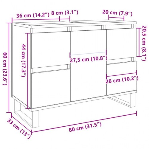 Underskab til badeværelse 80 x 33 x 60 cm - antikt træ