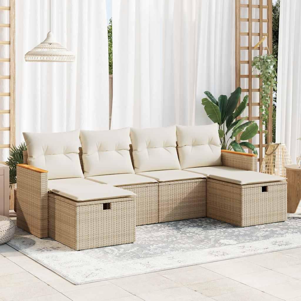 Havesofasæt 6 Dele Med Hynder Polyrattan Beige - beige og cremefarvet / med opbevaring