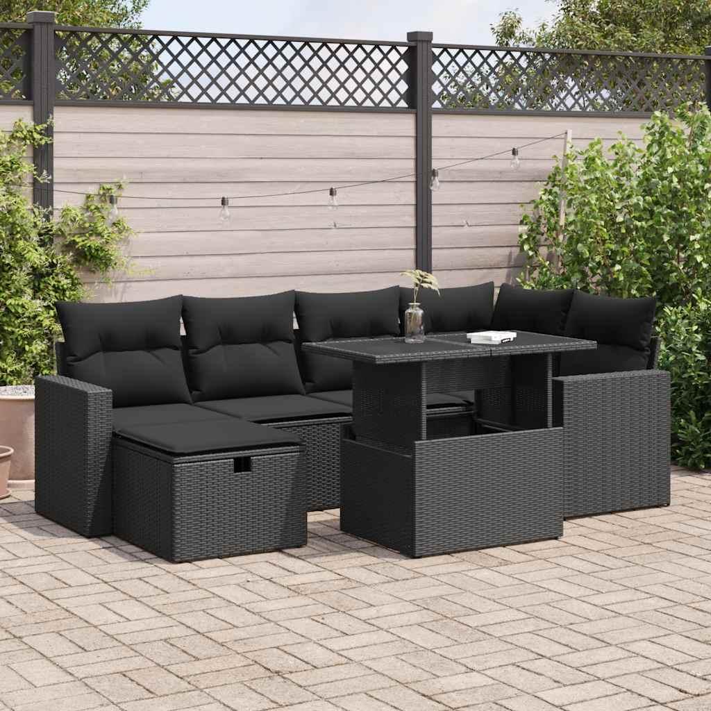 Sofasæt til haven - 7 dele med hynder og opbevaring i polyrattan, sort
