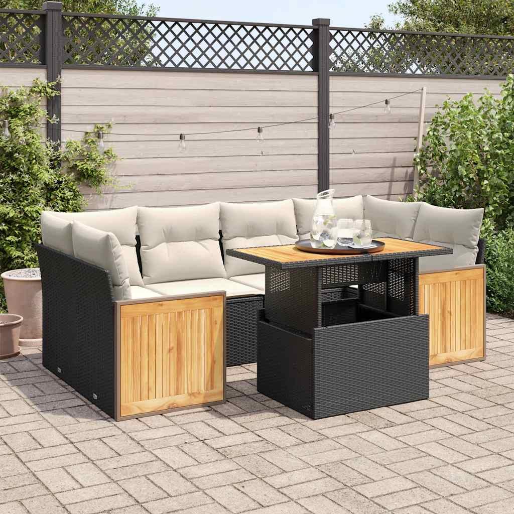 Sofasæt Til Haven 7 Dele Med Hynder Polyrattan - Sort og cremefarvet / med opbevaring