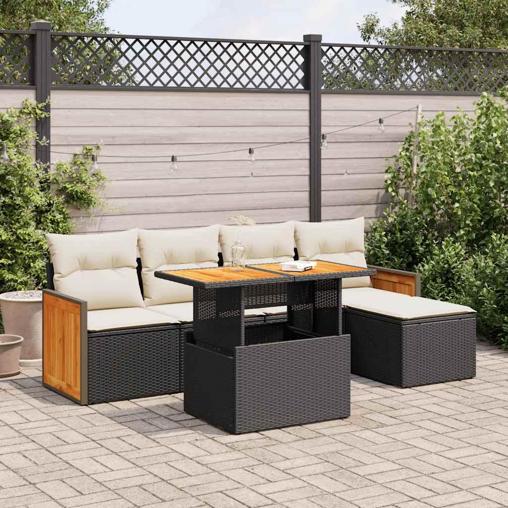Sofasæt Til Haven 6 Dele Med Hynder Polyrattan Sort - 6 / Sort og cremefarvet / med opbevaring