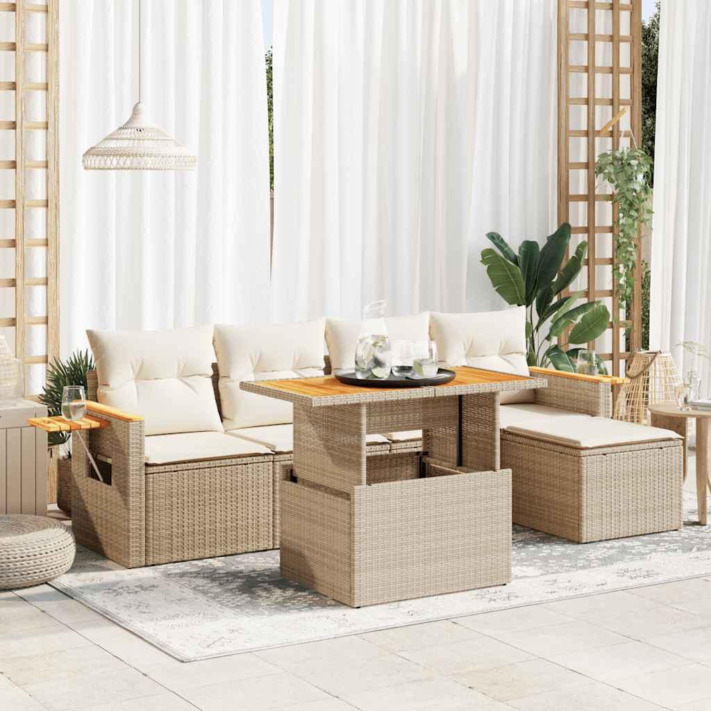 Sofasæt til haven 6 dele med hynder i polyrattan og akacietræ - beige