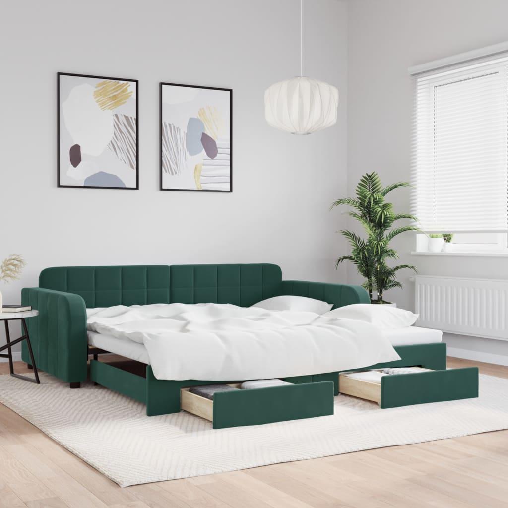 Daybed med udtræk og skuffer 100x200 cm velour mørkegrøn billede