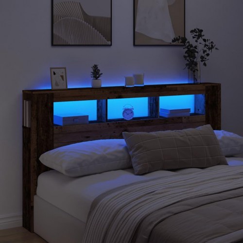 Sengegavl med LED og hylder 180 × 18,5 × 103,5 cm - antikt træ, konstrueret træ