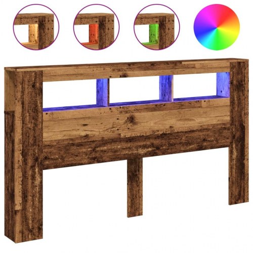 Sengegavl med LED og hylder 180 × 18,5 × 103,5 cm - antikt træ, konstrueret træ