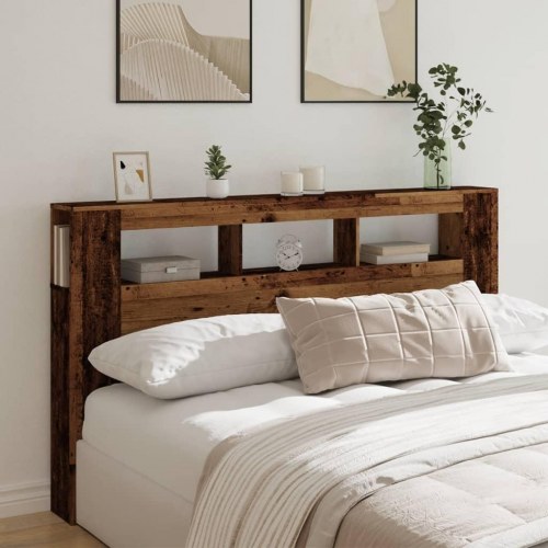 Sengegavl med LED og hylder 180 × 18,5 × 103,5 cm - antikt træ, konstrueret træ