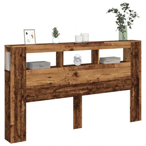 Sengegavl med LED og hylder 180 × 18,5 × 103,5 cm - antikt træ, konstrueret træ