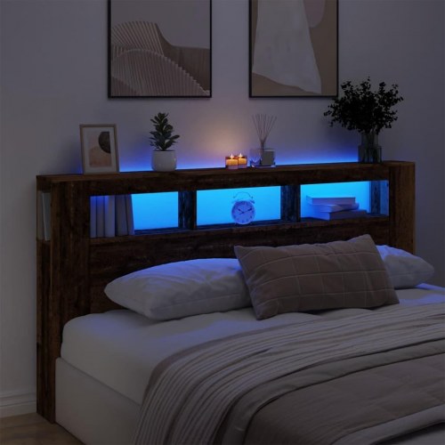 Sengegavl med LED og hylder 200 × 18,5 × 103,5 cm - antikt træ