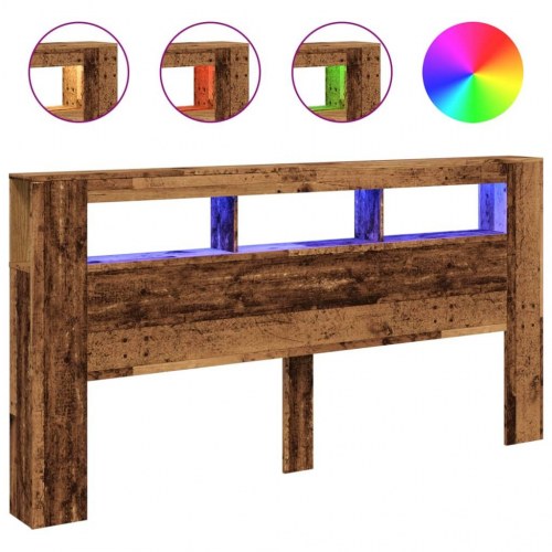 Sengegavl med LED og hylder 200 × 18,5 × 103,5 cm - antikt træ