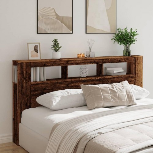Sengegavl med LED og hylder 200 × 18,5 × 103,5 cm - antikt træ