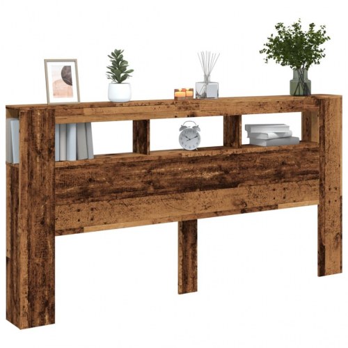 Sengegavl med LED og hylder 200 × 18,5 × 103,5 cm - antikt træ