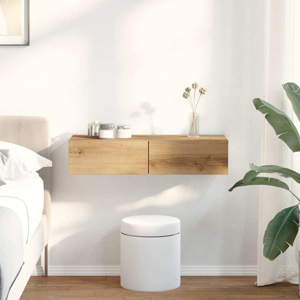 Væghylde med skuffer 80x33x17 cm konstrueret træ egetræsfarve