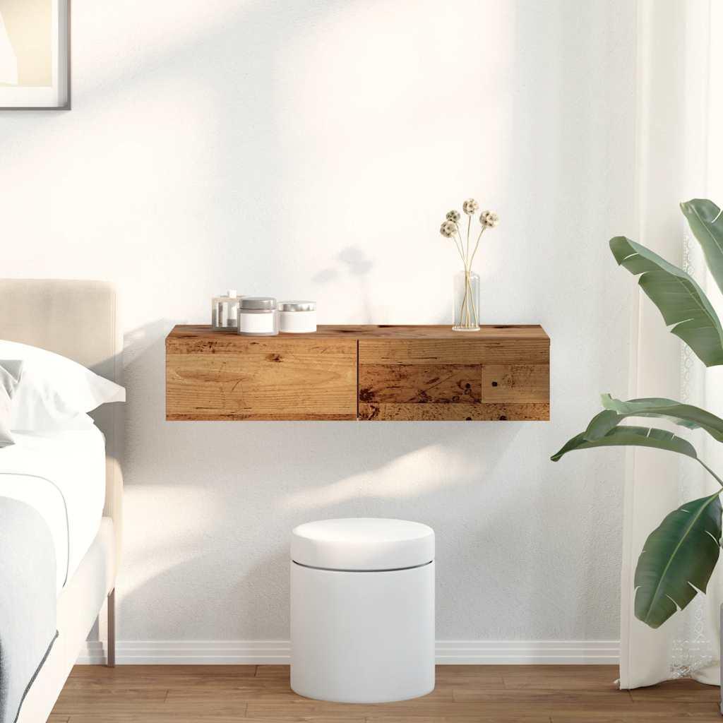 Væghylde med skuffer 80x33x17 cm konstrueret træ antikt træ billede