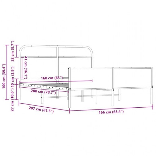 Sengeramme 160 x 200 cm - metal og sonoma-eg
