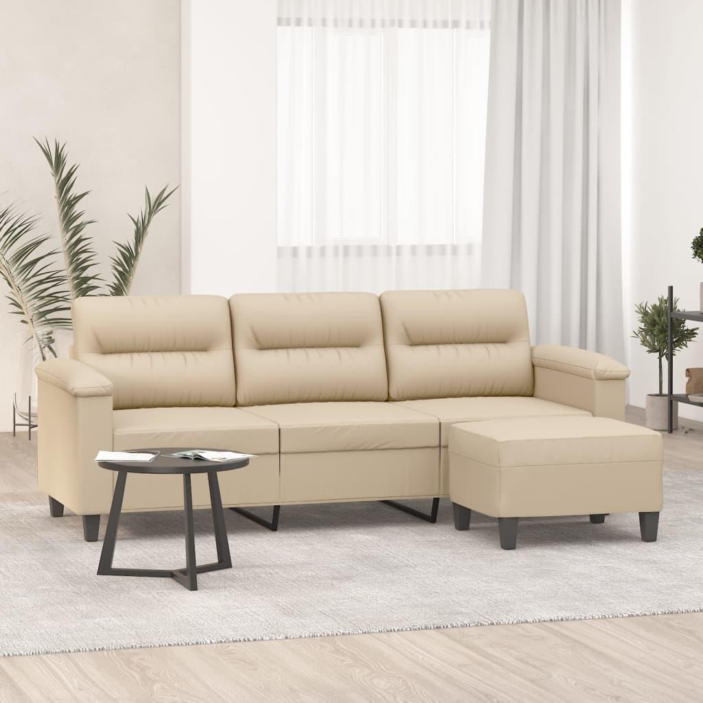 3-Personers Sofa Med Fodskammel 180 Cm Mikrofiberstof - Creme