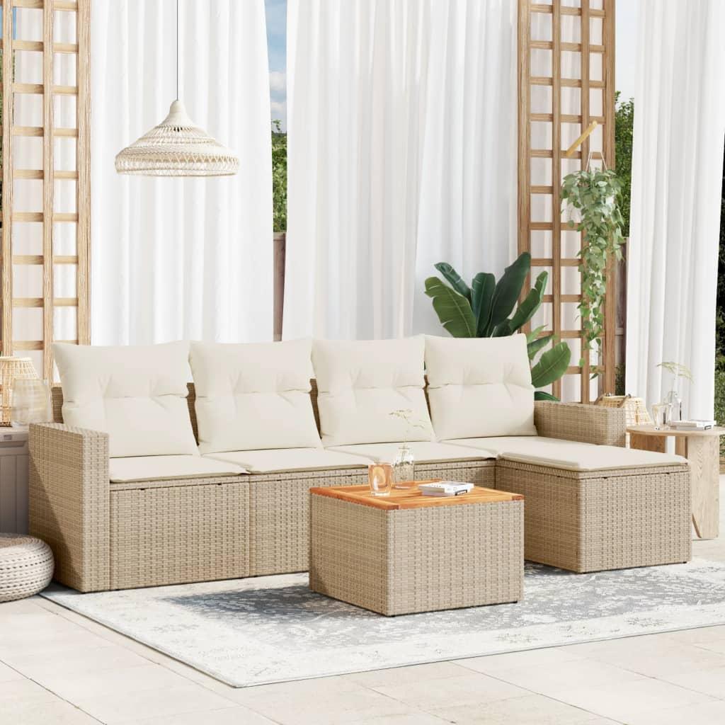 Havesofasæt 6 Dele Med Hynder Polyrattan Beige - beige og cremefarvet