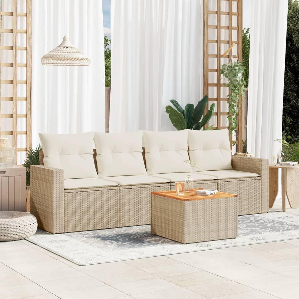 Havesofasæt 5 Dele Med Hynder Polyrattan Beige - beige og cremefarvet