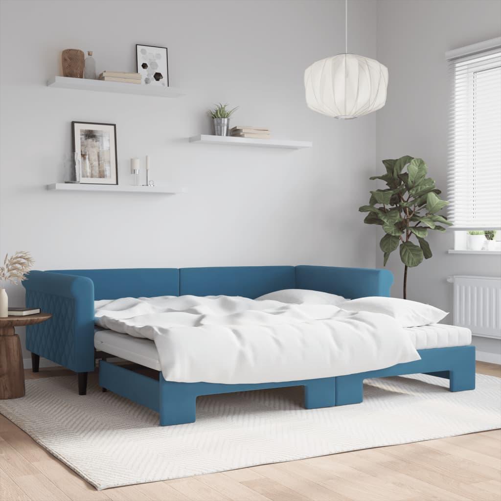 Daybed Velour Blå - med udtræk og madras / 100 x 200 cm