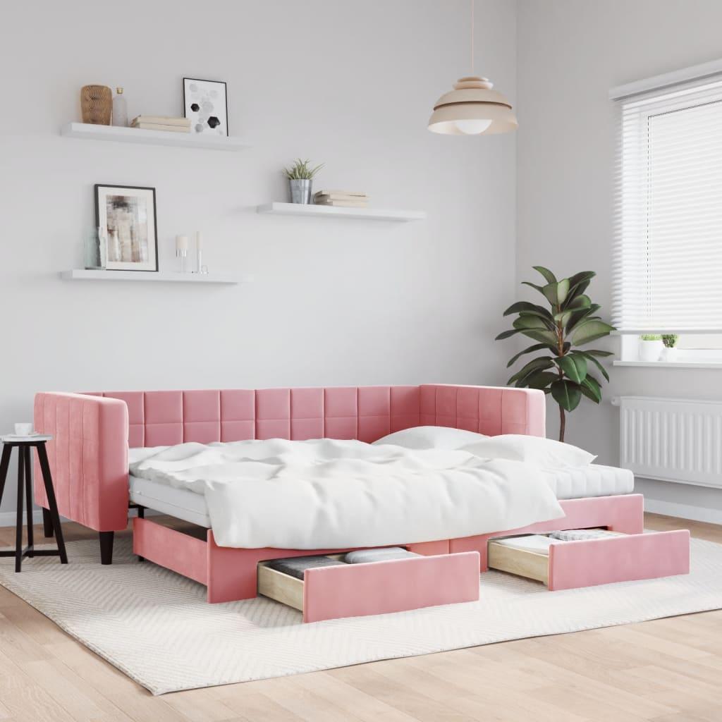 vidaXL daybed med udtræk og skuffer 90x200 cm velour lyserød