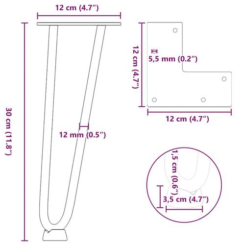 Hårnåle bordben 4 stk. 30 cm massivt stål sort