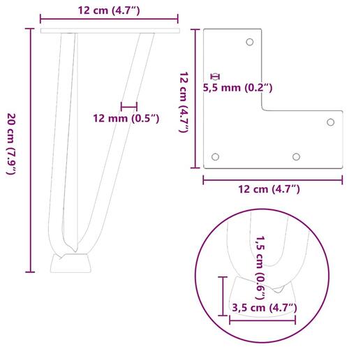 Hårnåle bordben 4 stk. 20 cm massivt stål antracitgrå