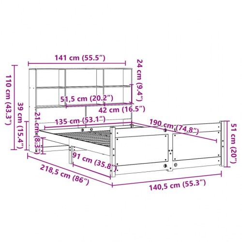 Seng med reol uden madras 135x190 cm massivt fyrretræ