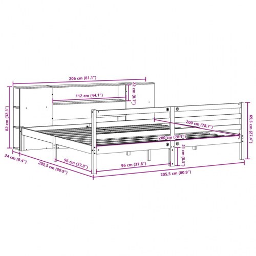 Seng med reol uden madras 200x200 cm massivt fyrretræ