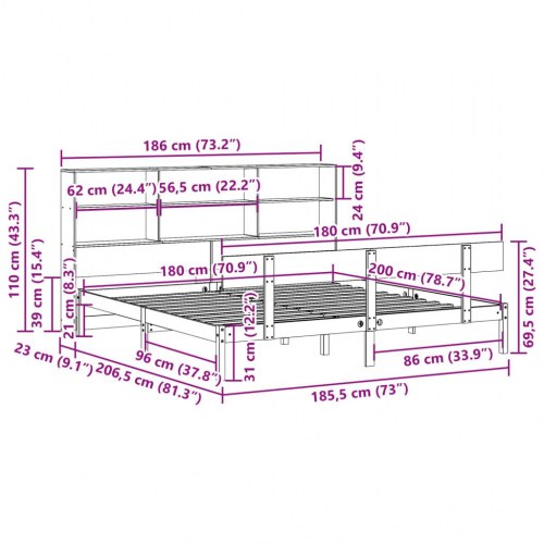 Seng med reol 180x200 cm - massivt fyrretræ, hvid