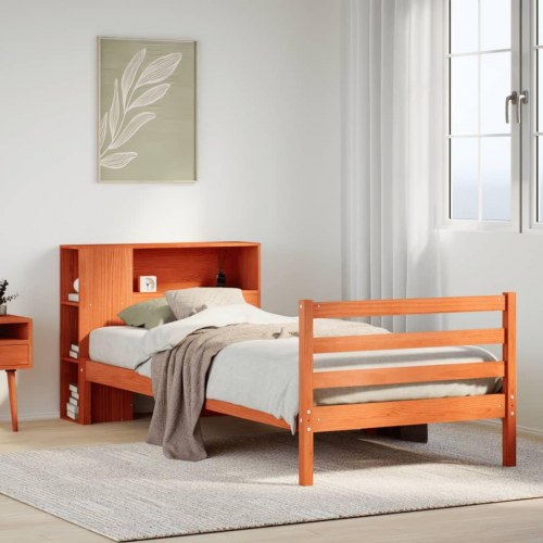 Seng med reol uden madras 90x200 cm massivt træ gyldenbrun