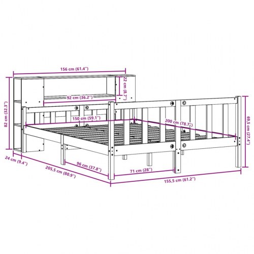 Seng med reol 150×200 cm - massivt fyrretræ, hvid