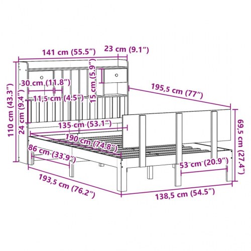 Seng med reol 135x190 cm i massivt fyrretræ - hvid