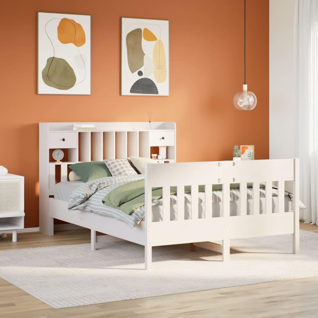 Sengeramme 150x200 cm i massivt fyrretræ - hvid med sengegavl og opbevaring
