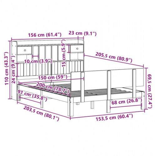 Seng med reol 150x200 cm - massivt fyrretræ, hvid