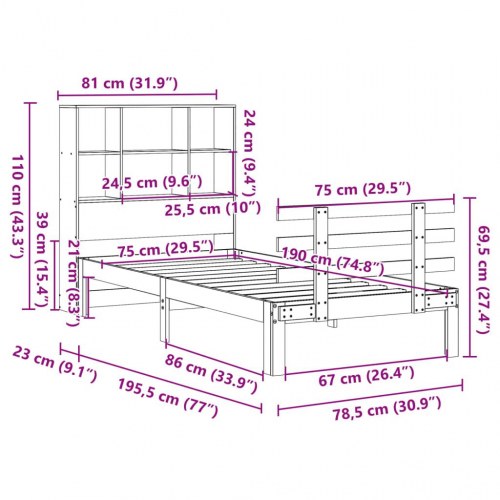 Enkeltseng med reol 75×190 cm - massivt fyrretræ, gyldenbrun